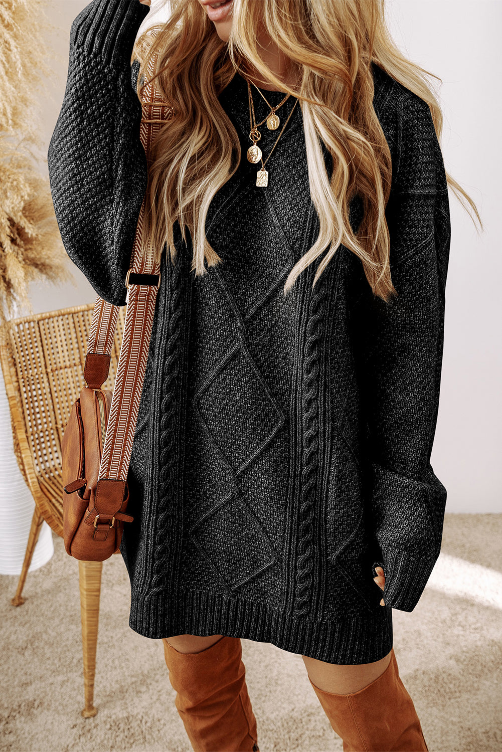 Cable Knit Sweater Dress - Black-GracieJeanBoutique