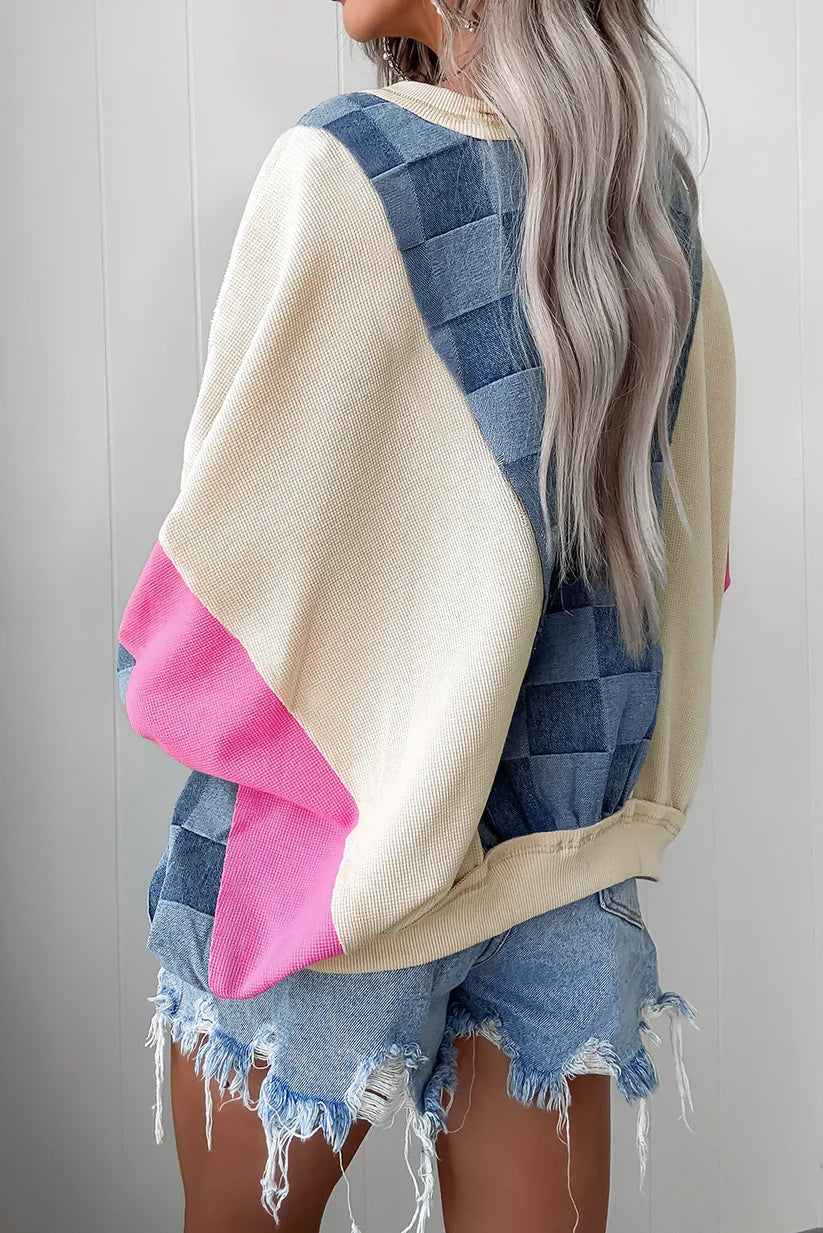 Checkered Denim Waffle Sweatshirt