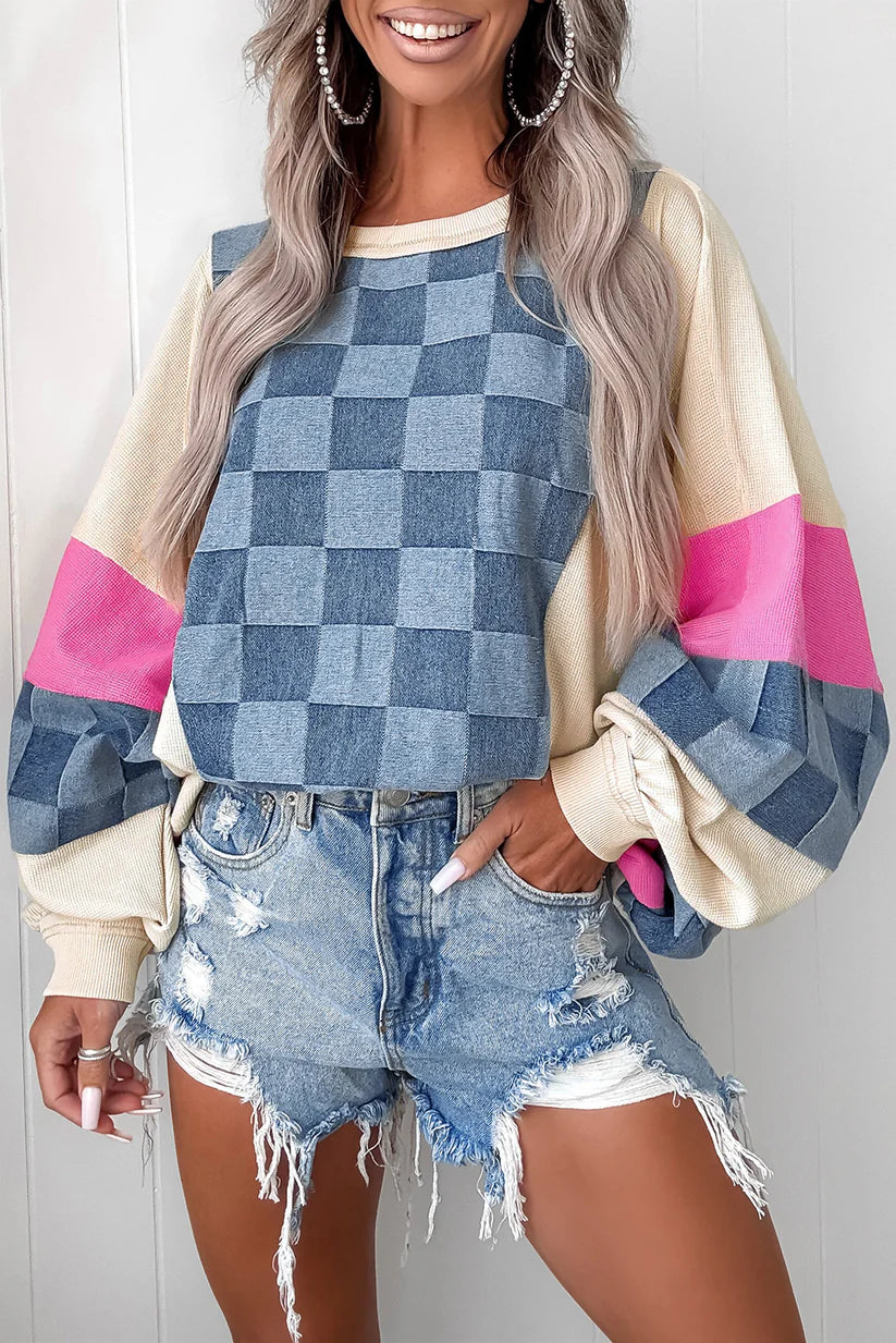 Checkered Denim Waffle Sweatshirt