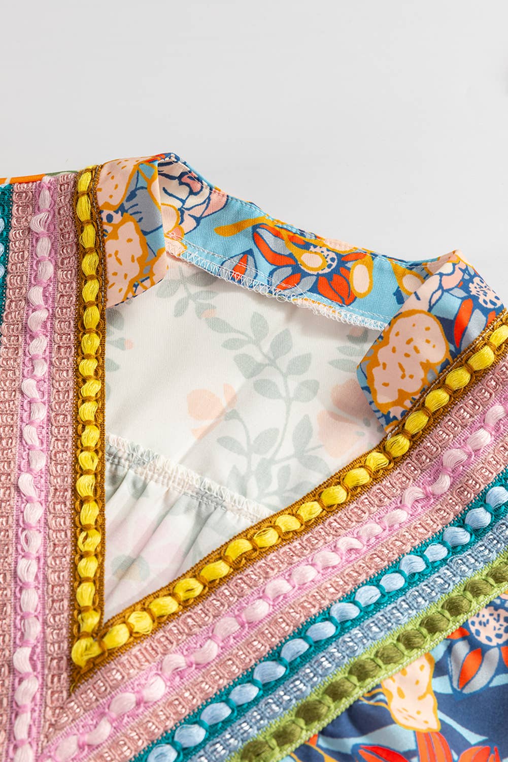 Crochet V Neck Half Sleeve Boho Floral Blouse: Multicolor