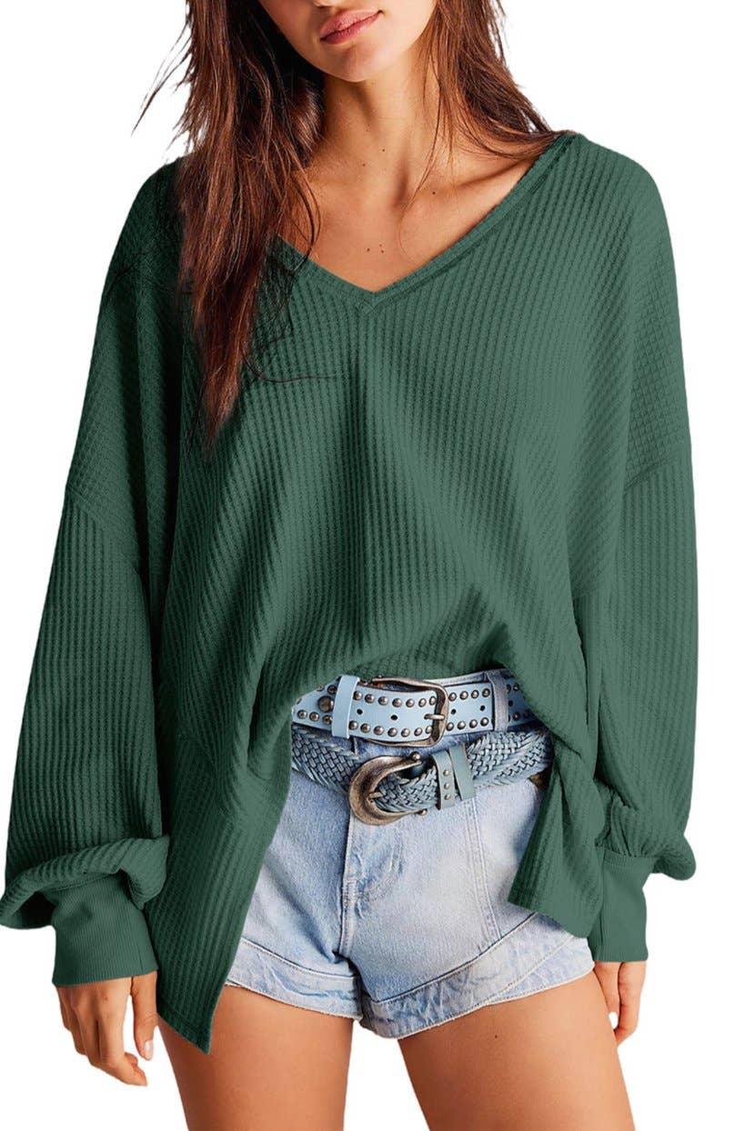Waffle V-Neck Long Sleeve Blouse: Green