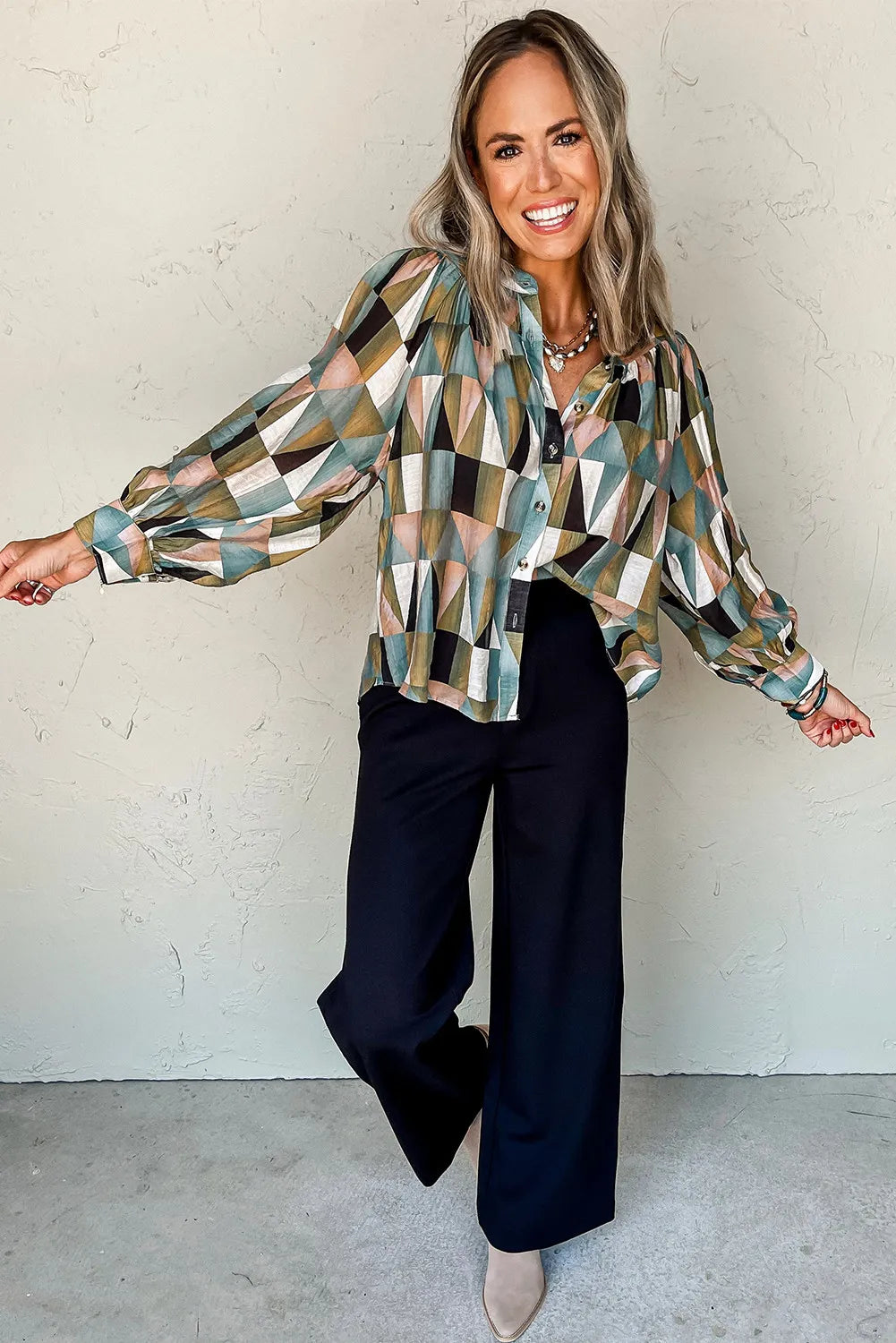 Geometric Balloon Sleeve Blouse-GracieJeanBoutique