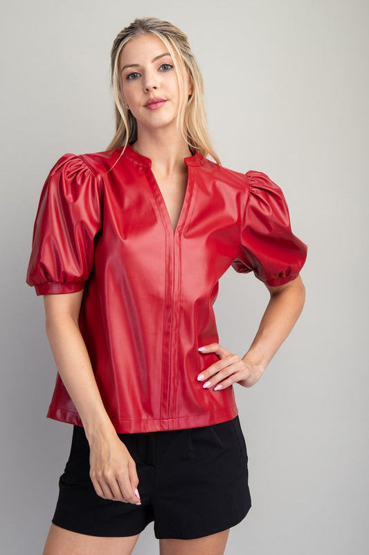 Red Leather Puff Sleeve Top-GracieJeanBoutique