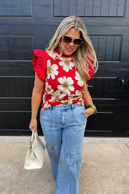 Madeline Ruffle Sleeve Top - Red