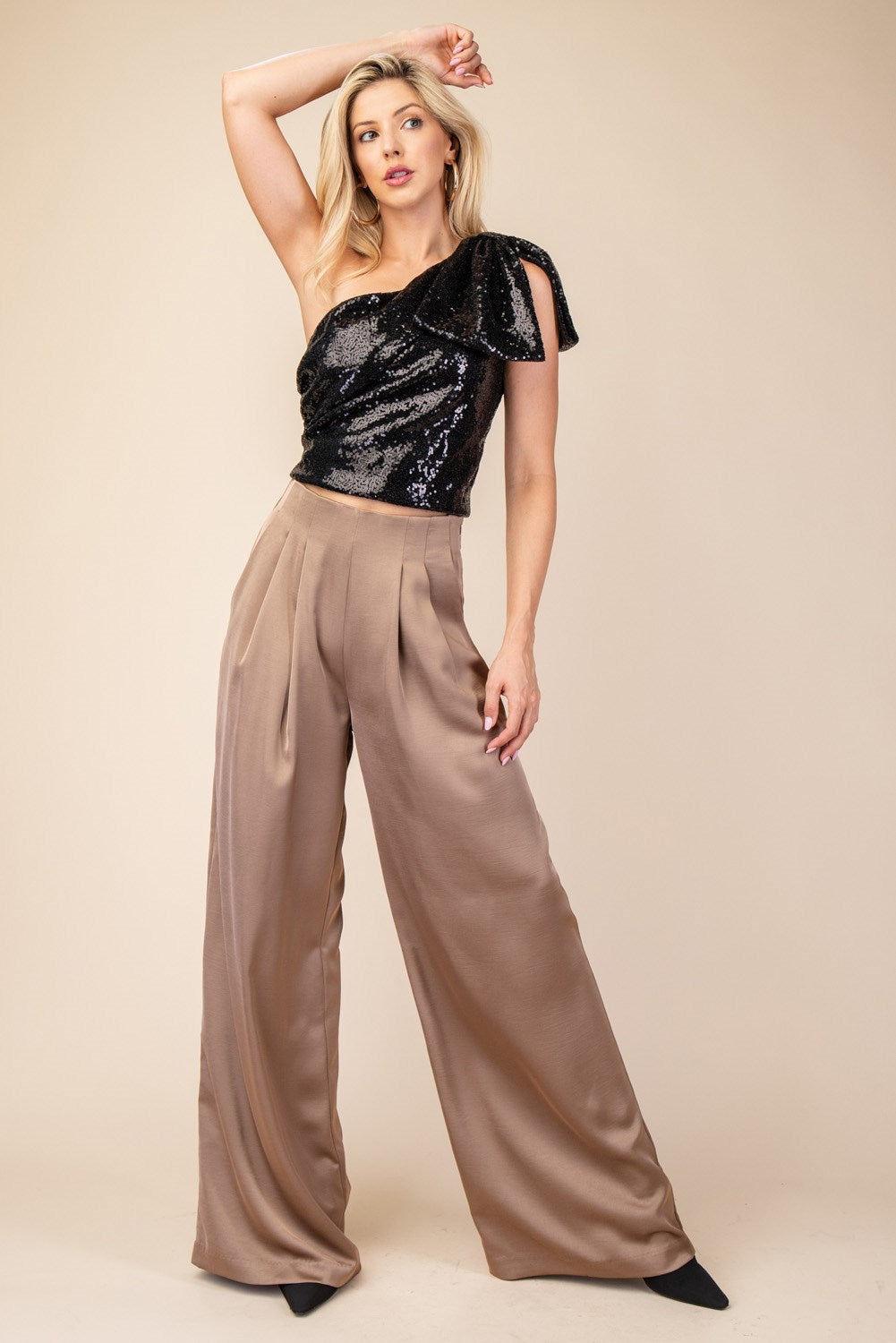 Pleated High Waisted Wide Leg Pants - Mocha-GracieJeanBoutique