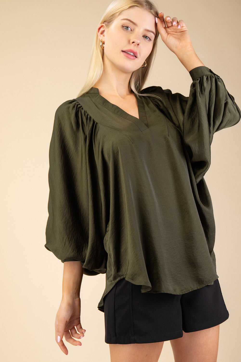 V-Neck Band Shirring Sleeve Top - Olive-GracieJeanBoutique