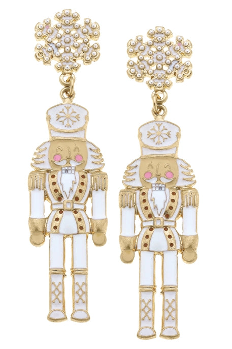 Pearl Studded Snowflake Enamel Nutcracker Earrings-GracieJeanBoutique