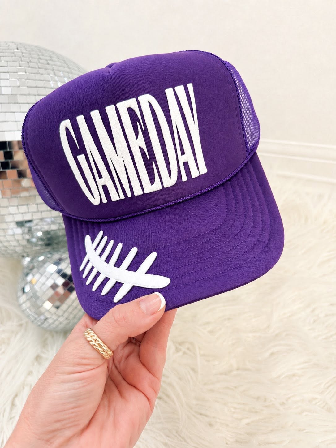 Gameday Puff Print Hat with Football Lace Patch - Purple