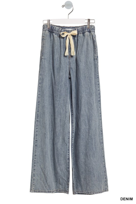 Wide Leg Drawstring Elastic Waistband Denim Pants