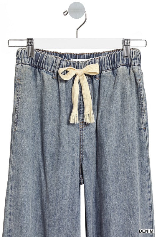 Wide Leg Drawstring Elastic Waistband Denim Pants